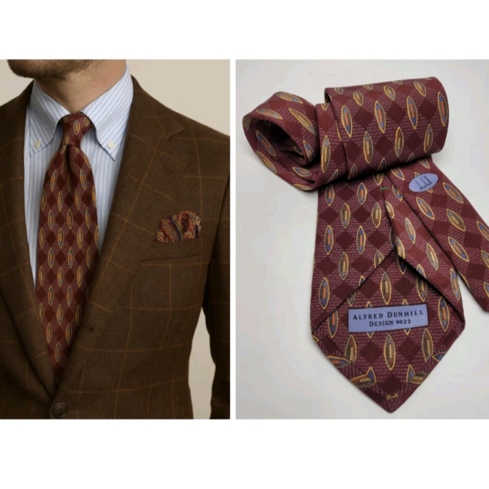 Alfred Dunhill Design 9022 Men Tie 100% Silk Geometric Print Burgundy Handmade